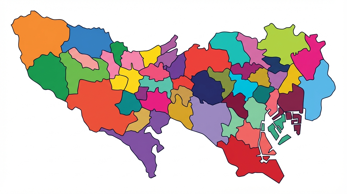 自治体によって色が異なる日本地図のイラスト。地域ごとにルールが違うことを示唆