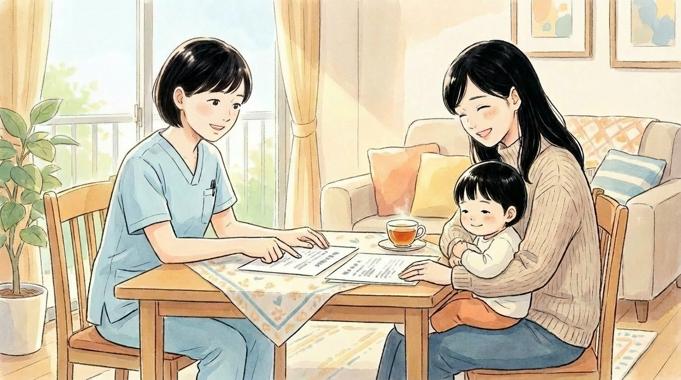 訪問看護師が家族に寄り添い、書類を見ながら丁寧に説明している様子の写真