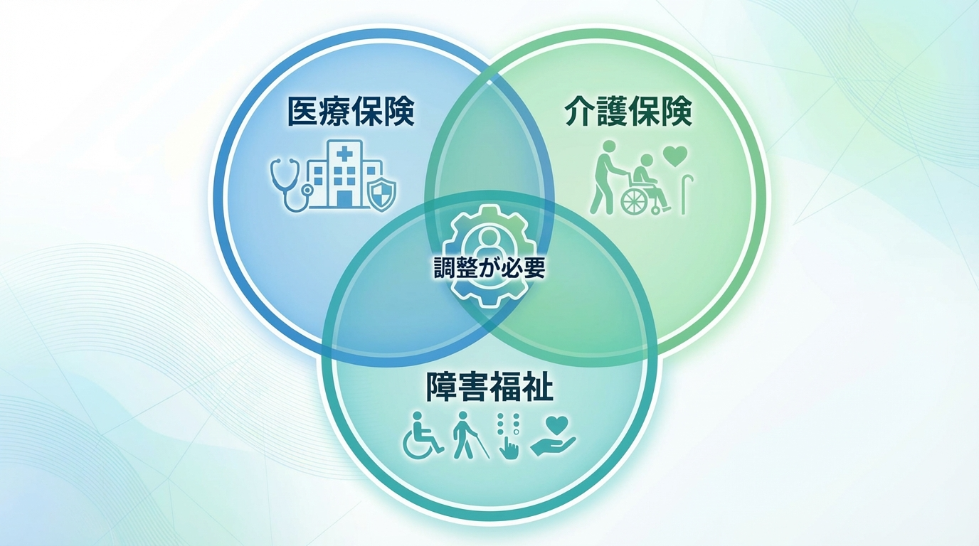 医療保険、介護保険、障害福祉サービスそれぞれの併用ルールを整理したベン図のような概念図