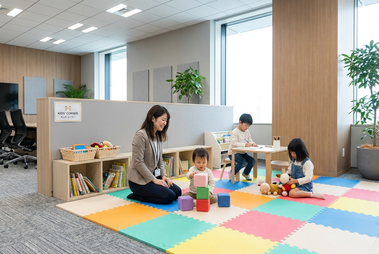 イベント会場のキッズスペースで見守るスタッフ