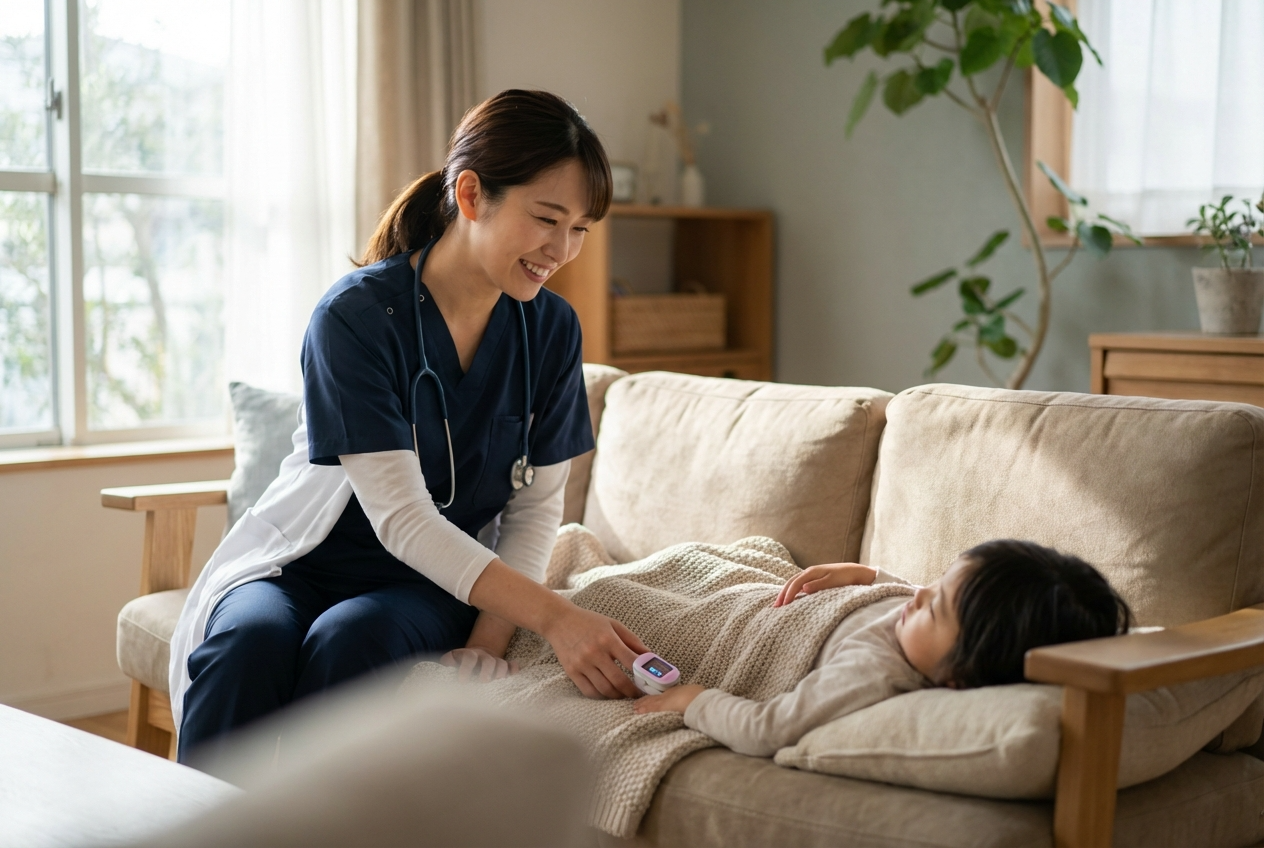 医療的ケアが必要なお子様の様子を確認する看護師