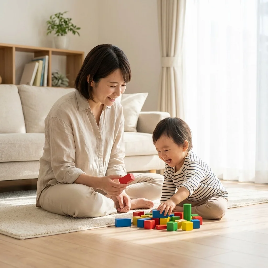 自宅で積み木遊びをする子供とスタッフ