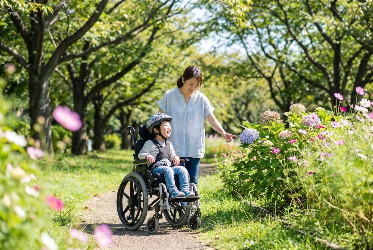 車椅子のお子様と公園を散歩するスタッフ