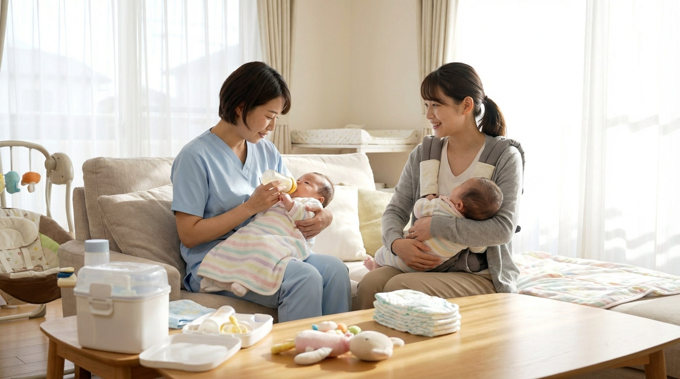 多胎児や医療的ケア児の育児支援を受けている親子の様子