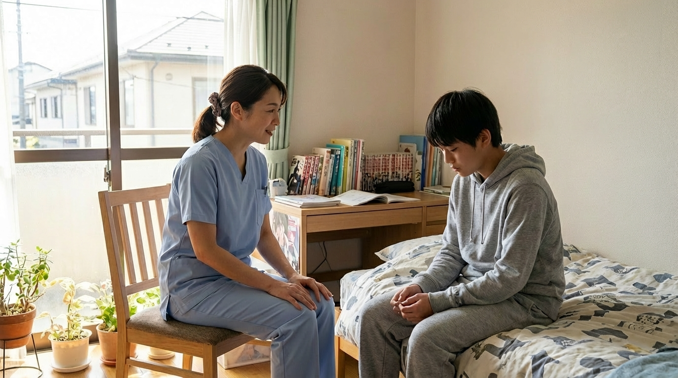 不登校や起立性調節障害の子供を支える訪問看護師の様子