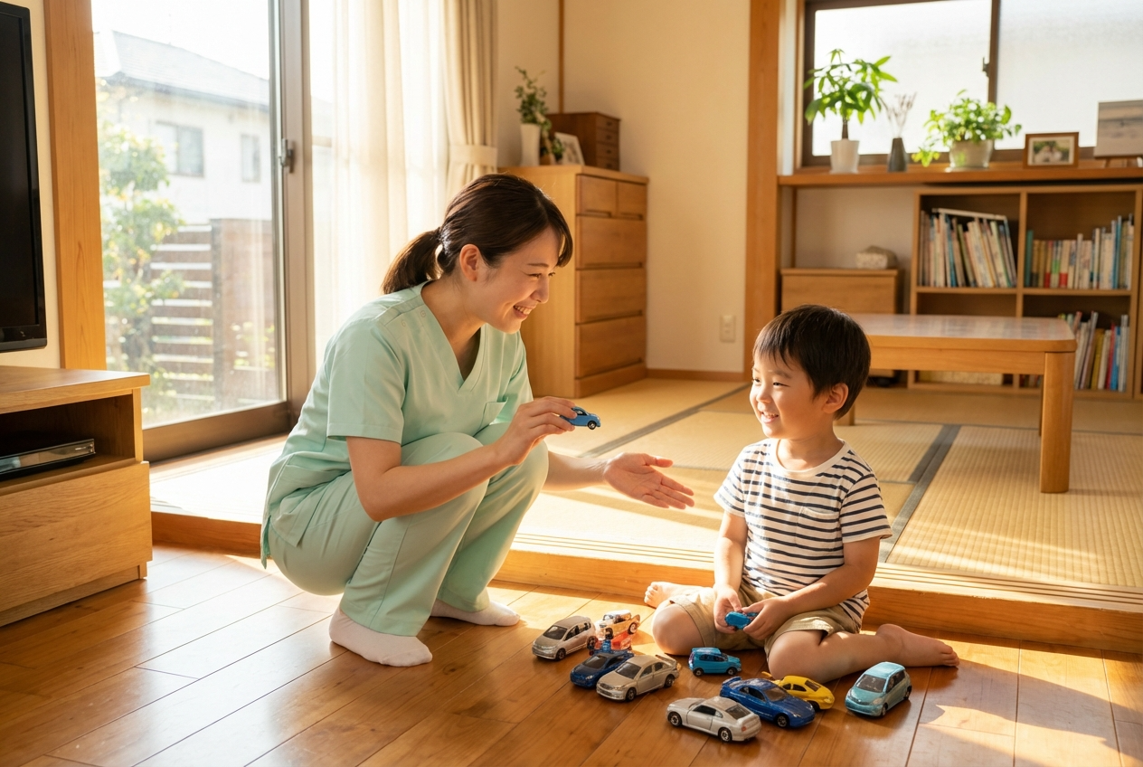 子供の遊びに参加しながら、信頼関係を築いている訪問看護師の様子