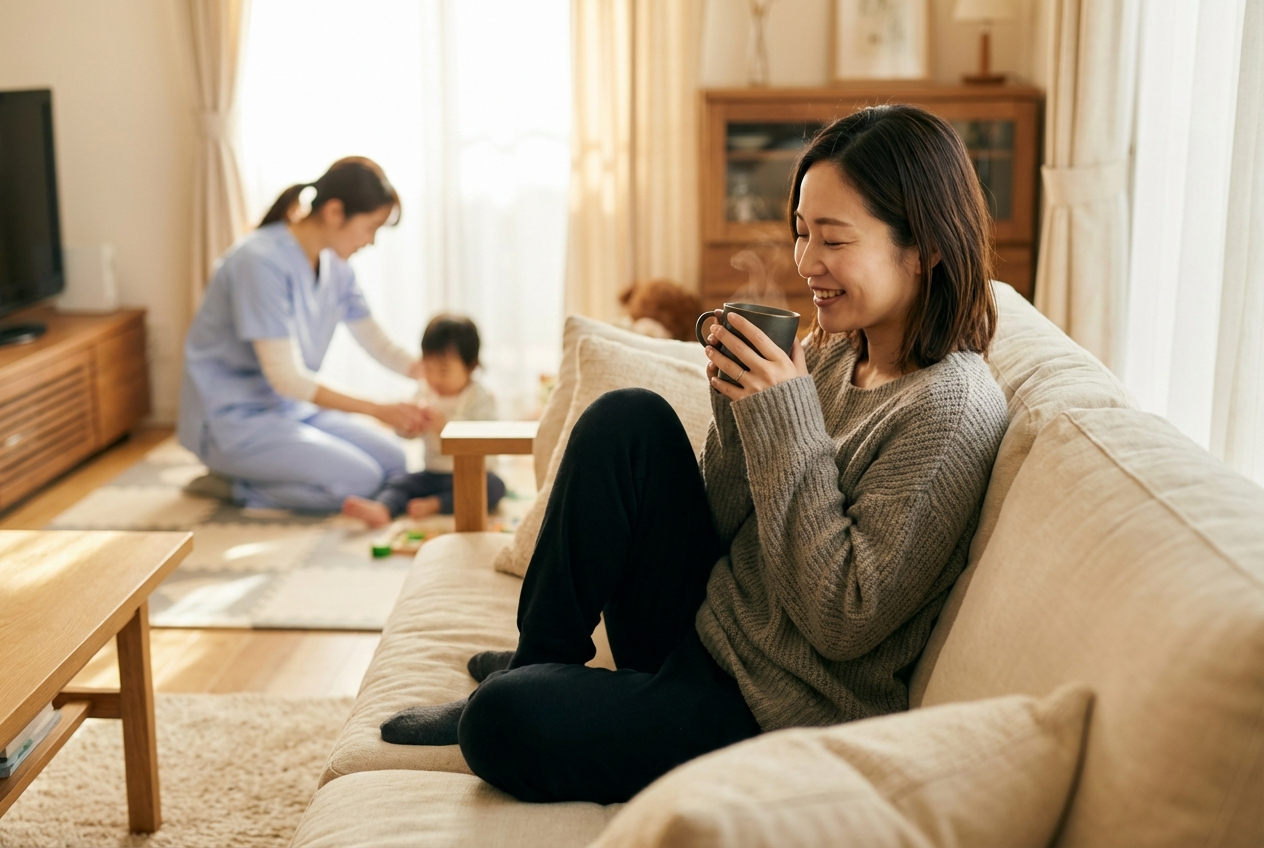 訪問看護師にケアを任せて、別室でゆっくりと休息をとる保護者のイメージ