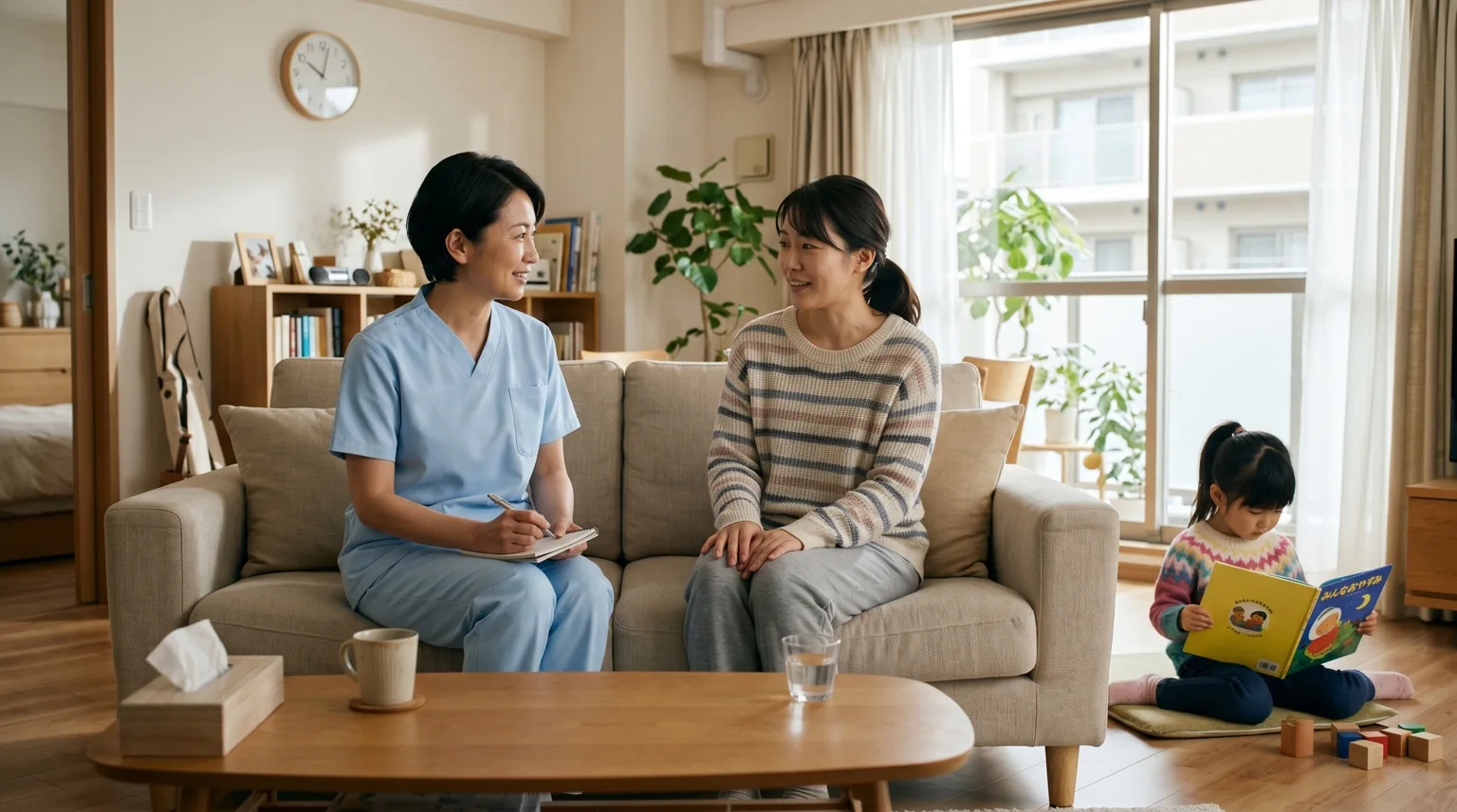 自宅で保護者の話を聞く訪問看護師と近くで過ごす子どもの様子