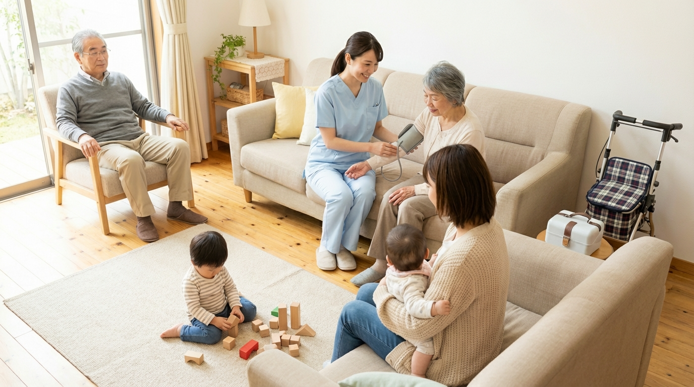 訪問看護師が自宅で子供や高齢者を優しくケアしている温かい雰囲気の様子