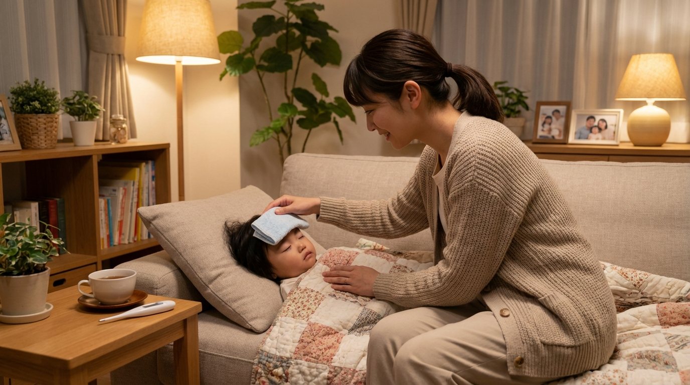 体調不良の子供を優しく見守るスタッフ