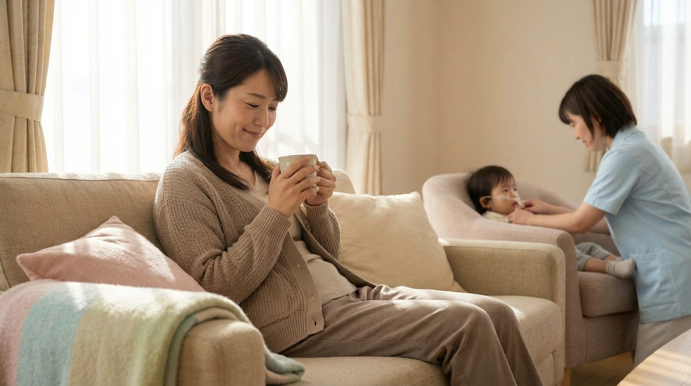 医療的ケア児の親が看護師に子供を任せて安心している表情