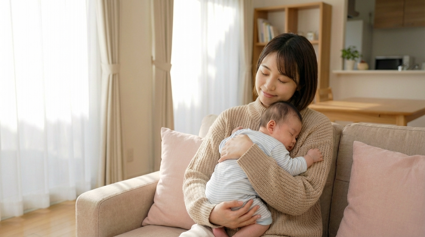 産後うつのケアを受けて回復した母親が赤ちゃんと穏やかに過ごす様子