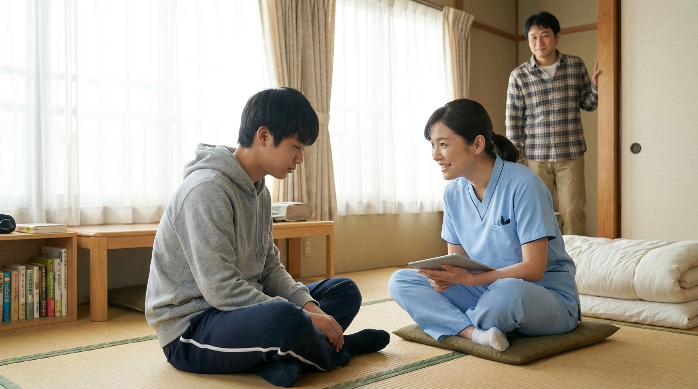 不登校の子供を支える親が訪問看護師と相談している様子